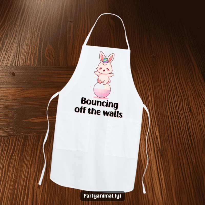 Funny apron featuring a fluffy pink bunny in a party hat, joyfully bouncing on a disco ball, ready for festive cooking.