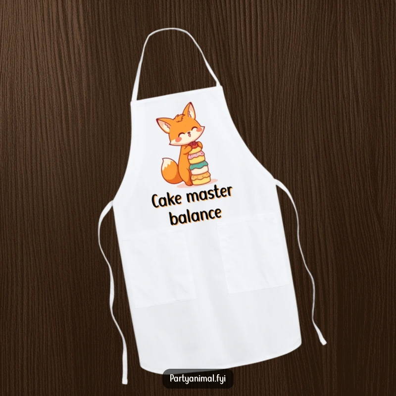 Funny apron depicting a cute orange fox character balancing a stack of tiny cakes, ready to help in the kitchen with a smile.
