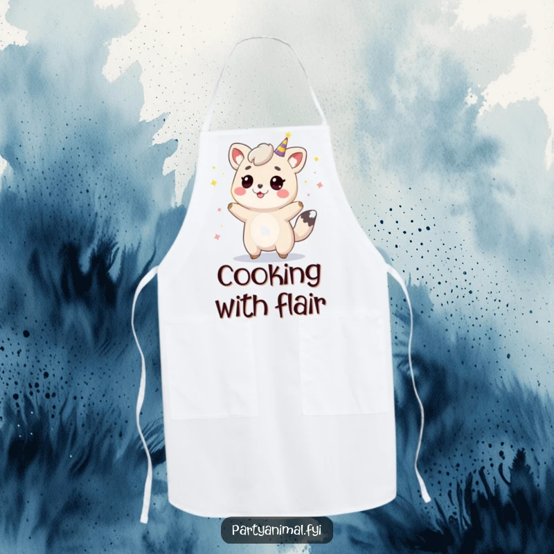 Funny animal character bouncing amidst glowing party lights, depicted on an apron for a humorous and festive culinary experience.