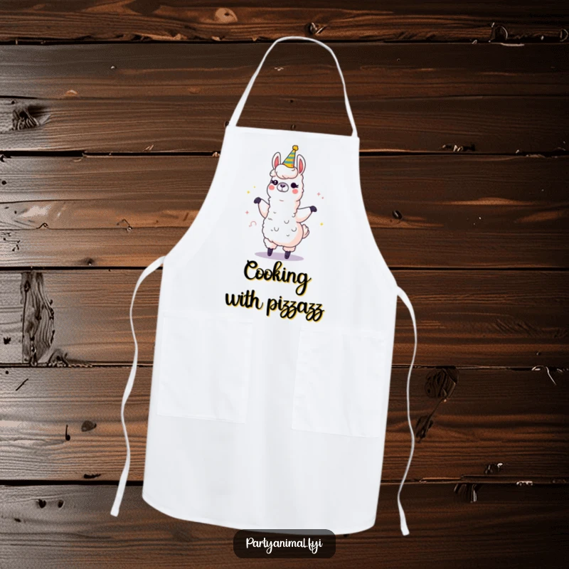 Funny apron featuring a winking llama character dancing with a large, sparkling party horn, perfect for kitchen fiesta fun.