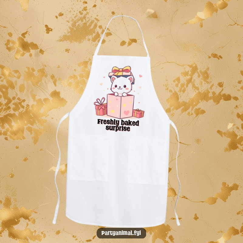 Funny Apron: A small animal character bursts from a festive gift box, adding fun to cooking tasks.