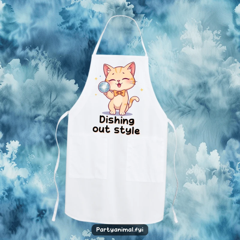 Funny Cat Bow Tie Disco Ball Apron: A playful cat wearing a bow tie bats at a disco ball, bringing a fun and stylish vibe to kitchen activities.