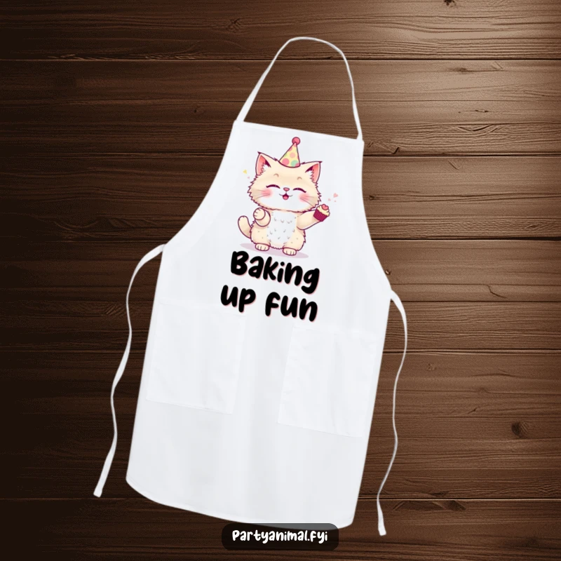 Funny Apron showing a fluffy cat in a party hat, juggling tiny cupcakes, perfect for baking fun.