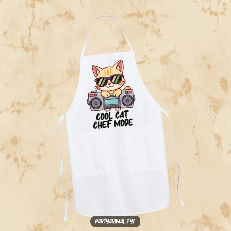Funny apron showing a cat wearing sunglasses, striking a pose on a boombox, ready to add musical flair to any task.
