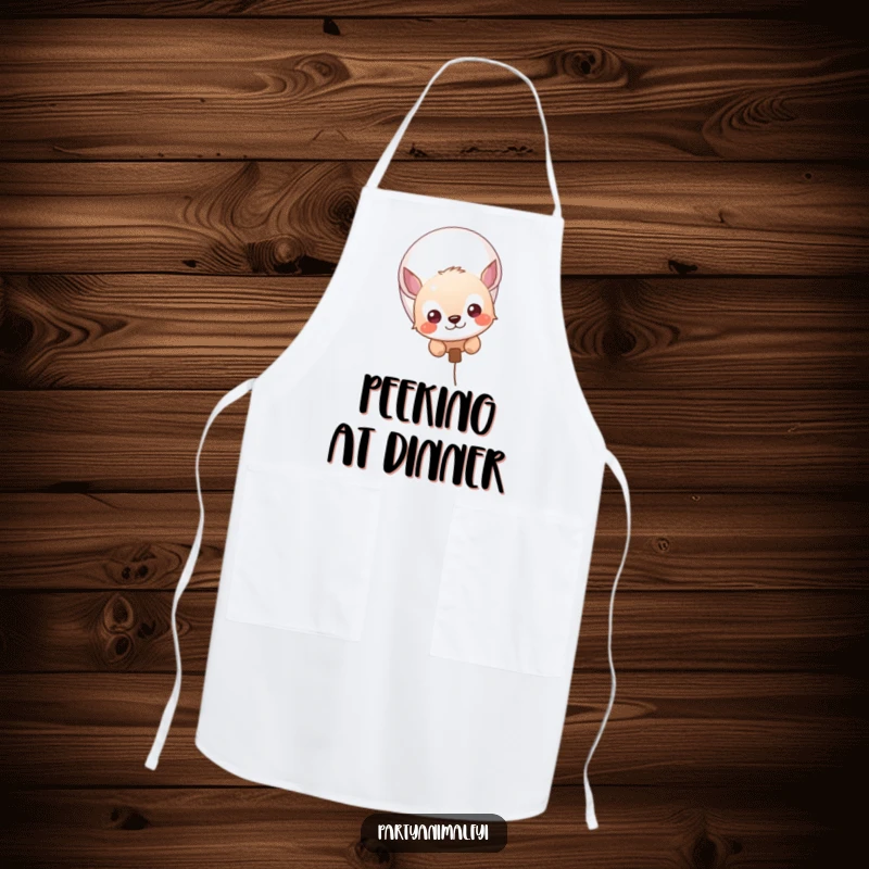 Funny apron with a curious animal character peeking from behind a festive balloon, ready for creative adventures.