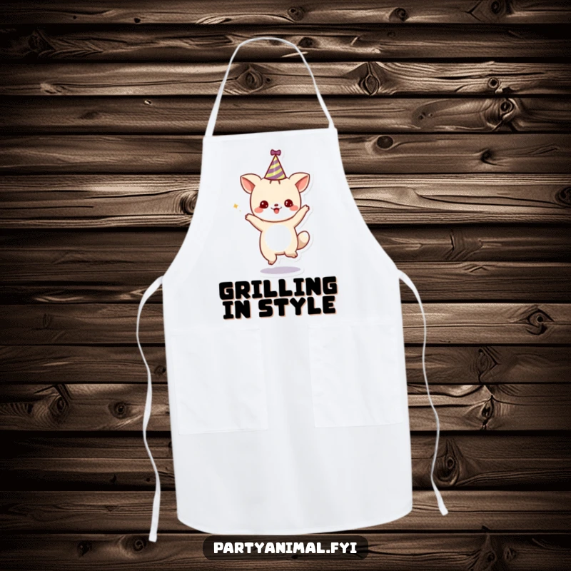 Funny Apron: A cute animal character dancing in a party hat, a humorous and practical accessory for kitchen celebrations.