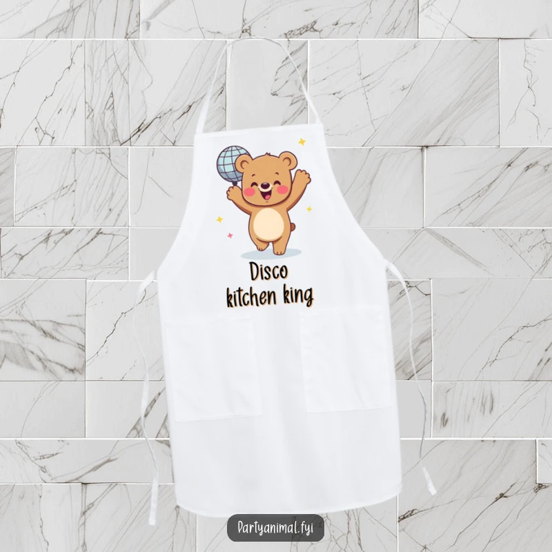 Funny apron showing a happy bear character dancing with a spinning disco ball, ready to add fun to any culinary task.