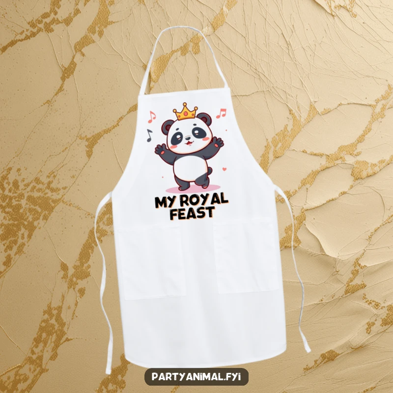 Funny apron depicting a happy panda wearing a small crown, dancing energetically while preparing food in the kitchen.