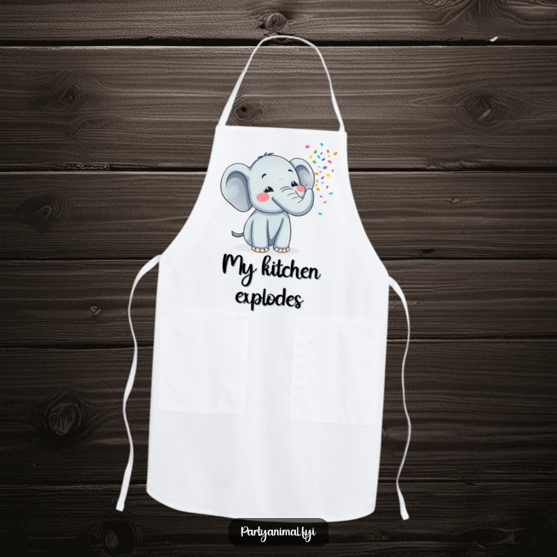 Funny apron featuring a happy elephant blowing a colorful stream of confetti from its trunk, ready for kitchen celebrations.