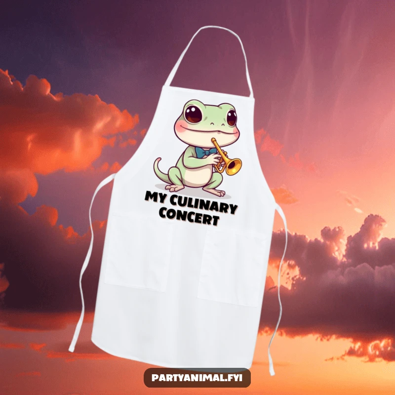 Funny apron showing a determined gecko in a tiny bow tie playing a miniature trumpet, perfect for chefs and entertainers.
