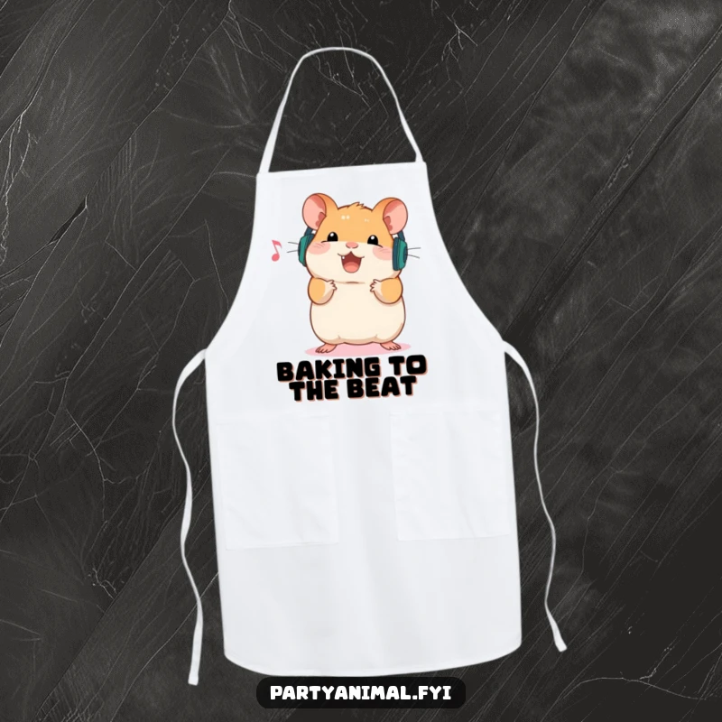 Funny Apron depicting a happy hamster wearing small headphones, ready to rock out while cooking, adding a musical and humorous touch to kitchen wear.