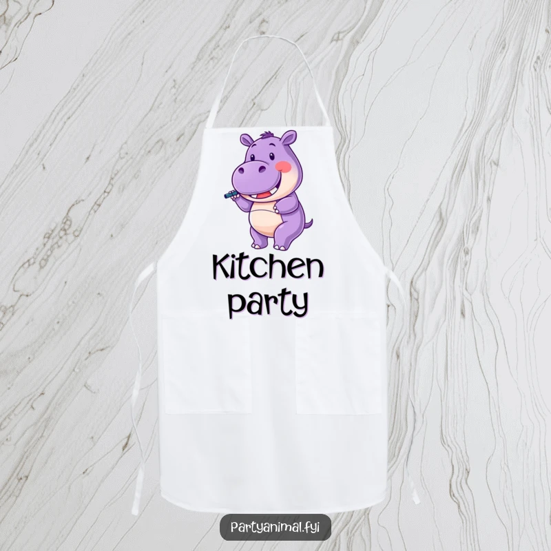 Funny Apron with a purple hippo character happily twirling a noisemaker with a wide smile, perfect for party hosts.