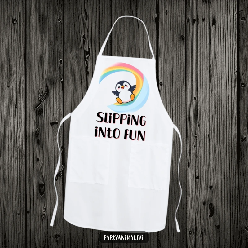 Funny Kawaii Penguin Apron: Cute penguin sliding down a rainbow, adding humor to your kitchen attire.