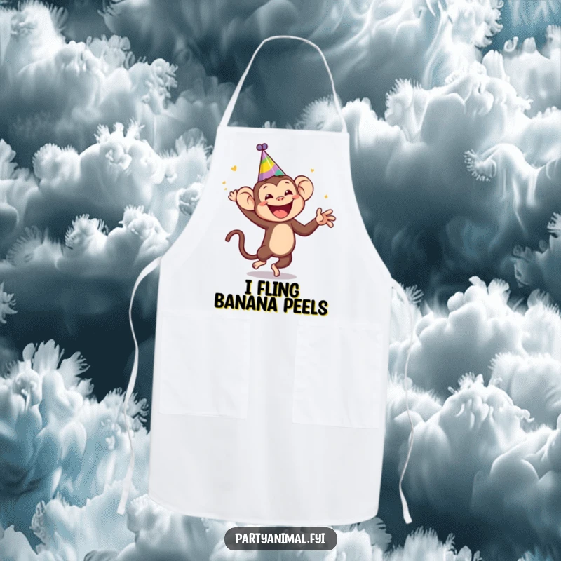 Funny monkey wearing a silly party hat, dancing wildly on an apron, making kitchen tasks fun and festive, a perfect funny gift for cooks.