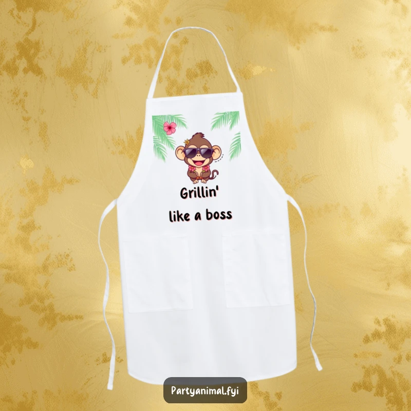Funny joyful monkey character wearing sunglasses and a lei on a practical and humorous kitchen apron.