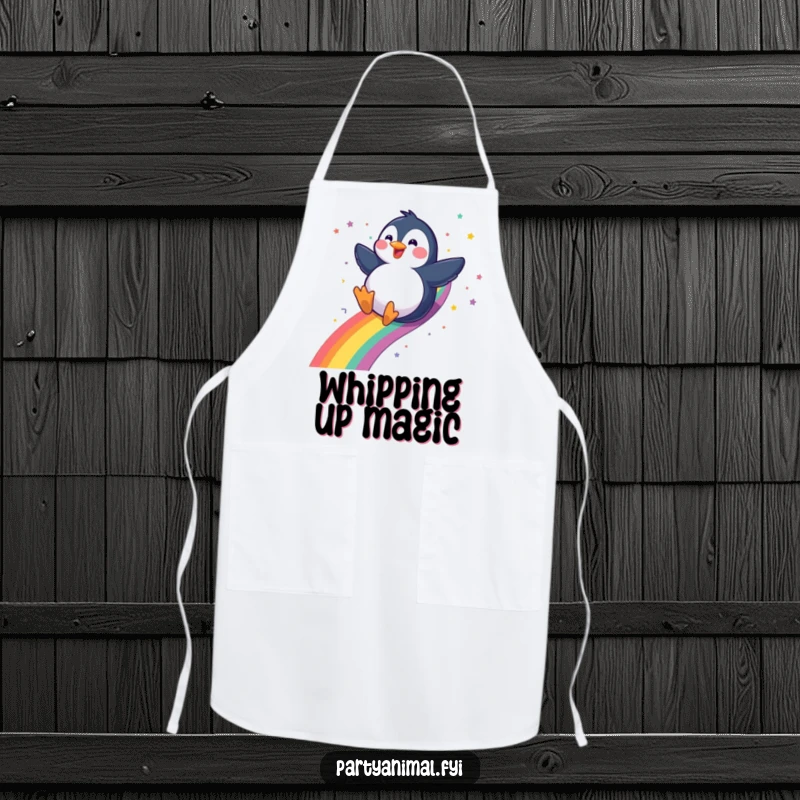 Funny gleeful penguin sliding down a rainbow with a confetti trail on an apron, making kitchen tasks fun and festive, a perfect funny gift.