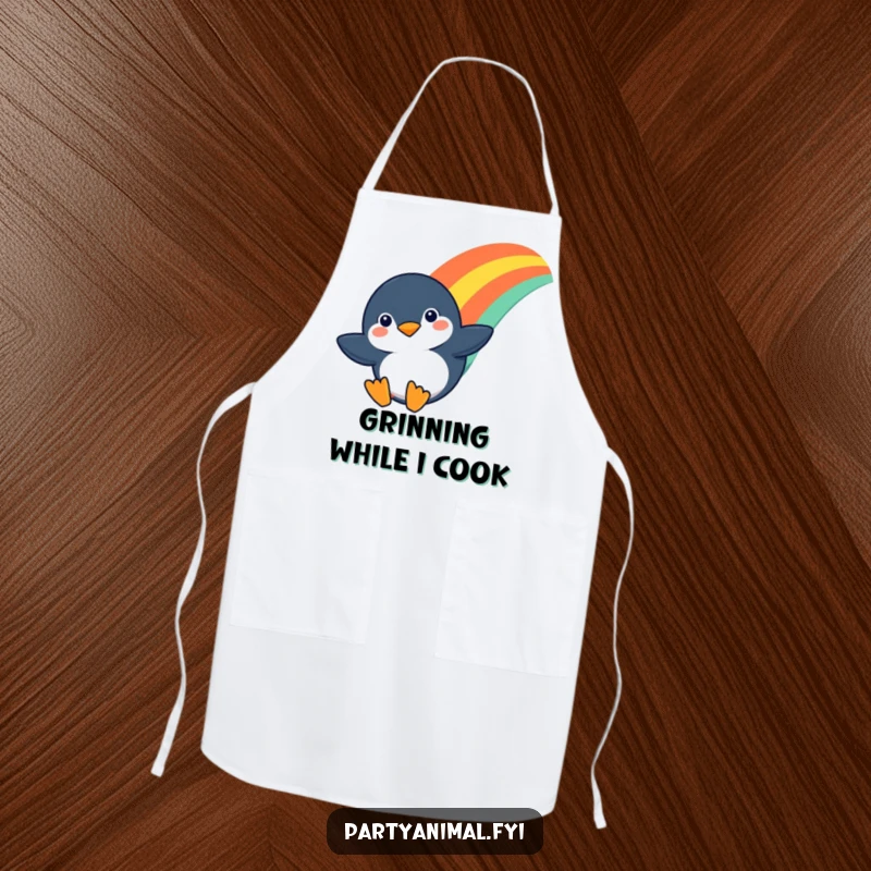 Funny apron showing a determined penguin character sliding down a rainbow, ready to add a touch of fun to any task.