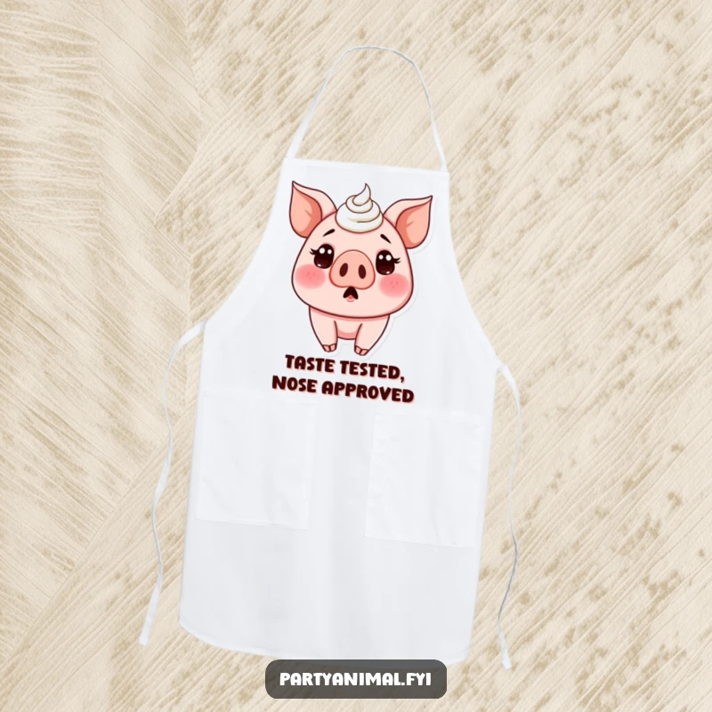 Funny apron design featuring a surprised pig character with its nose completely covered in sweet cake frosting, ready for baking.