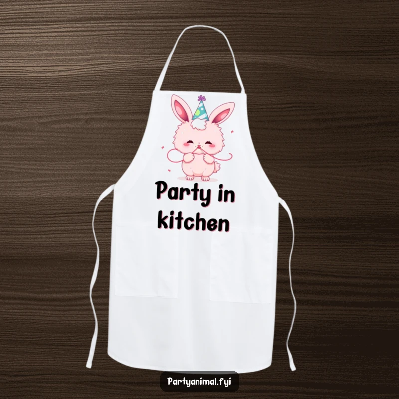 Funny fluffy pink bunny wearing a party hat, enthusiastically blowing a streamer, designed for fun and festive occasions.