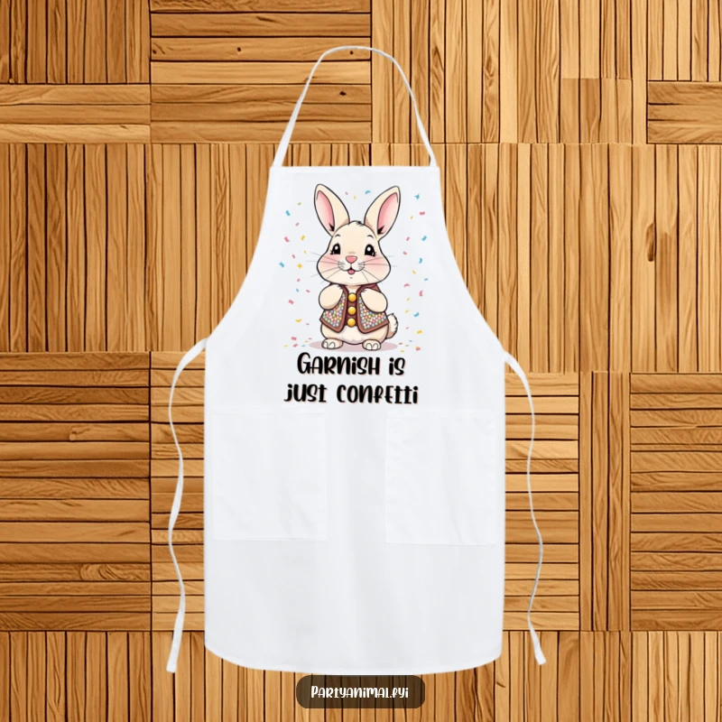 Funny Apron depicting a sequined rabbit in a chef's hat blowing confetti, perfect for adding humor and flair to kitchen activities.