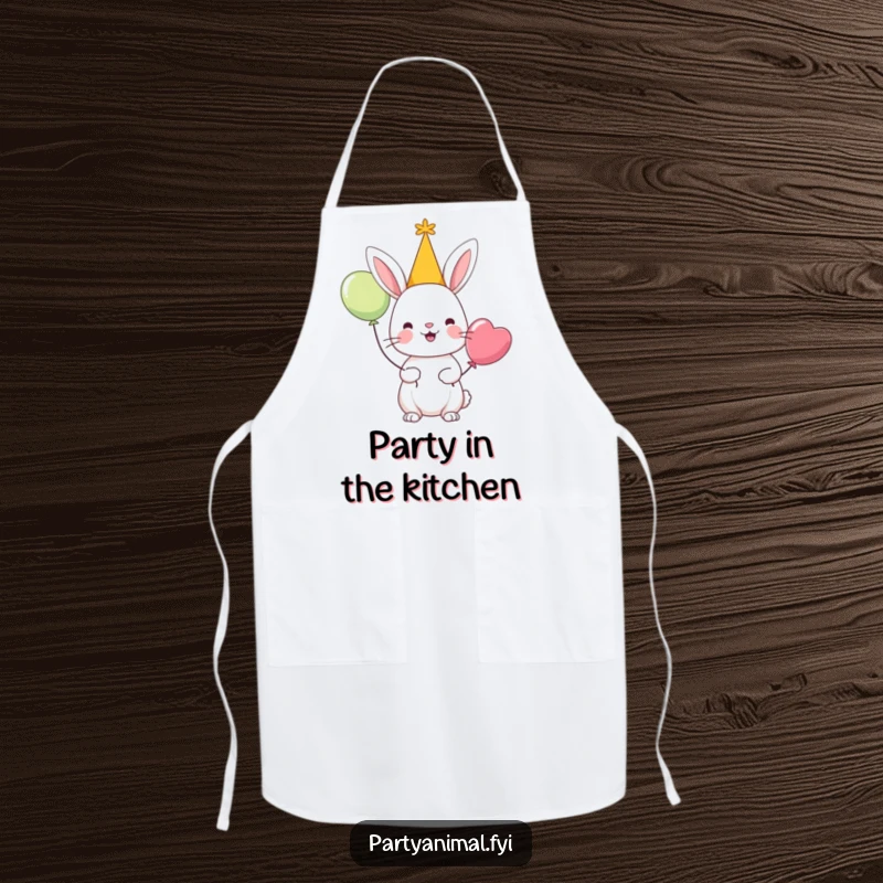 Funny apron with a cheerful rabbit character in a party hat holding a balloon, ideal for cooking and hosting parties.