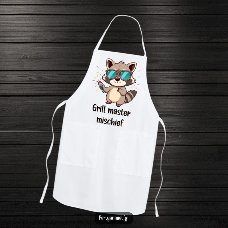 Funny apron with a mischievous raccoon in sunglasses holding a confetti popper, perfect for the party-throwing chef.