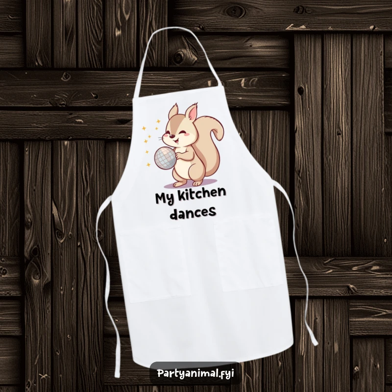 Funny apron depicting an energetic squirrel spinning a disco ball with its tail, ideal for kitchen parties and fun cooks.