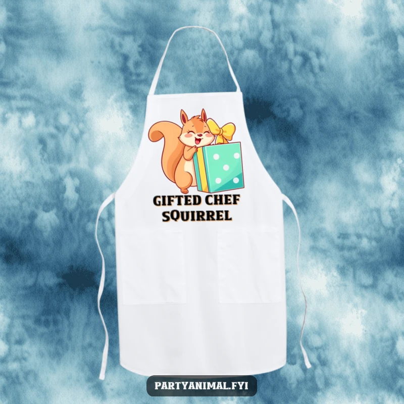 Funny apron with an energetic squirrel character unwrapping a giant, brightly colored gift box, perfect for adding humorous excitement.