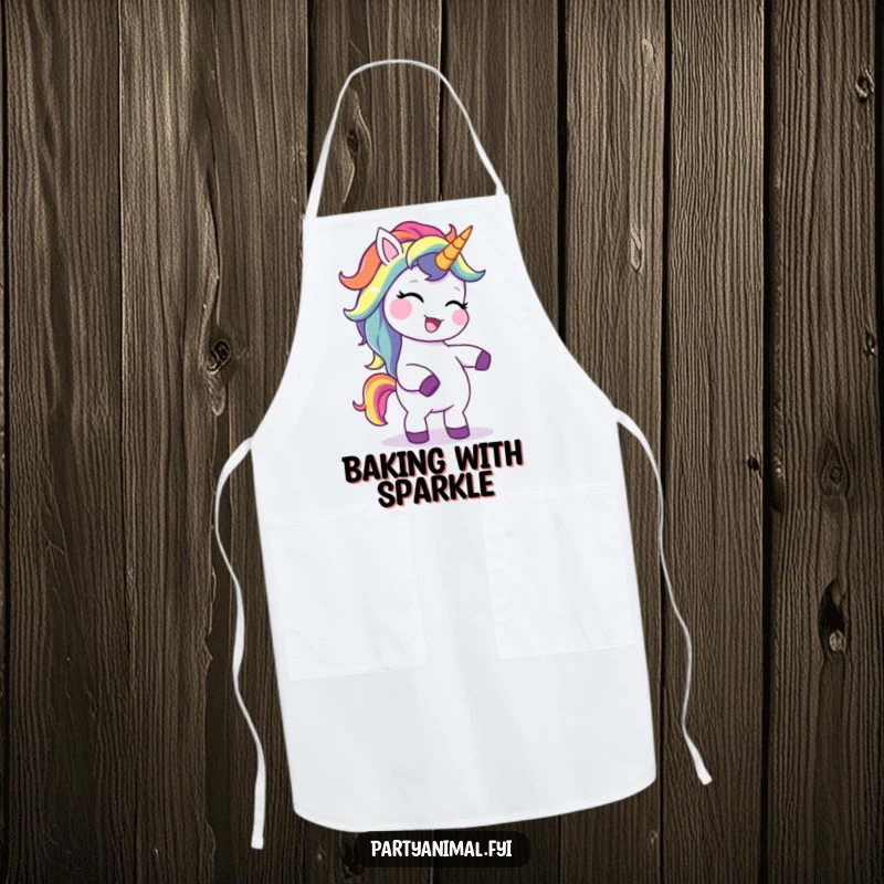 Funny unicorn apron featuring a giggling character with a rainbow mane, dancing a silly jig, perfect for chefs who love to laugh.