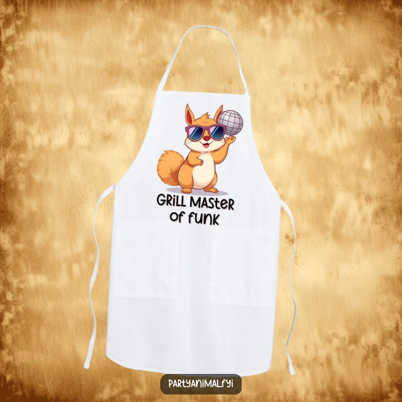 Funny squirrel apron featuring a cool squirrel in sunglasses holding a disco ball, ready for kitchen fun.