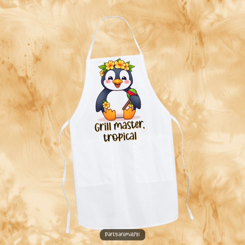 Funny apron depicting a penguin in a lei shaking maracas, ready for a tropical kitchen party.