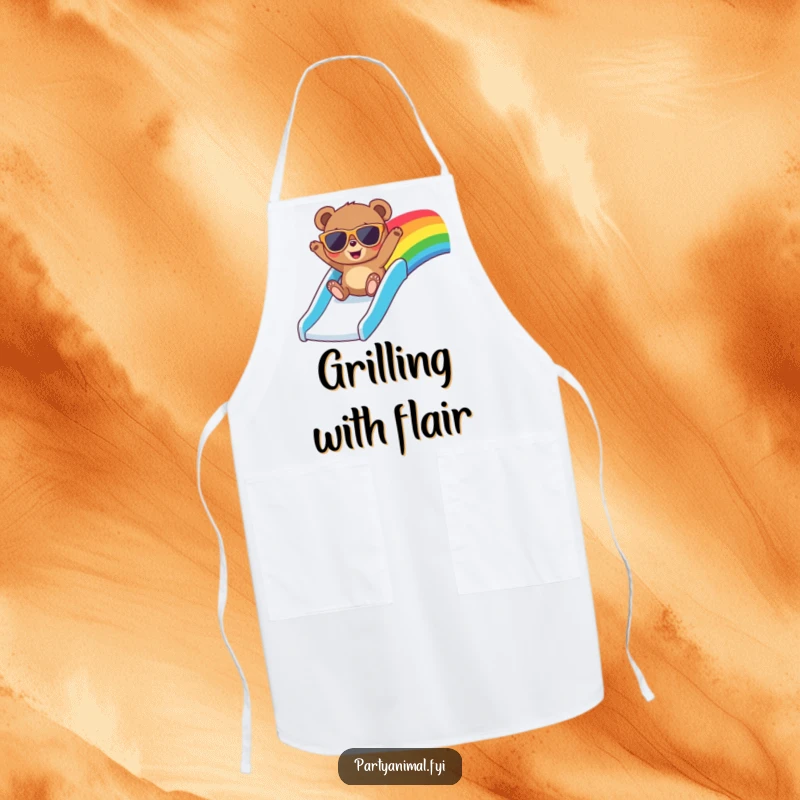 Funny apron depicting a bear in oversized sunglasses, joyfully sliding down a colorful rainbow slide, perfect for kitchen fun.