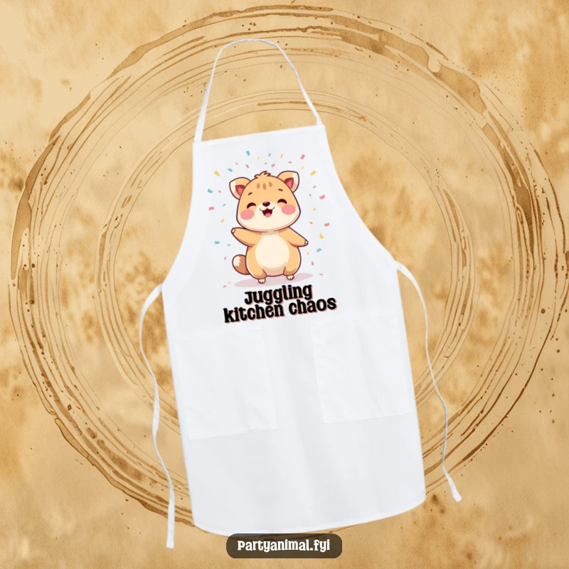 Funny apron depicting a cheerful animal character skillfully juggling colorful confetti while cooking, adding humor to meal prep.