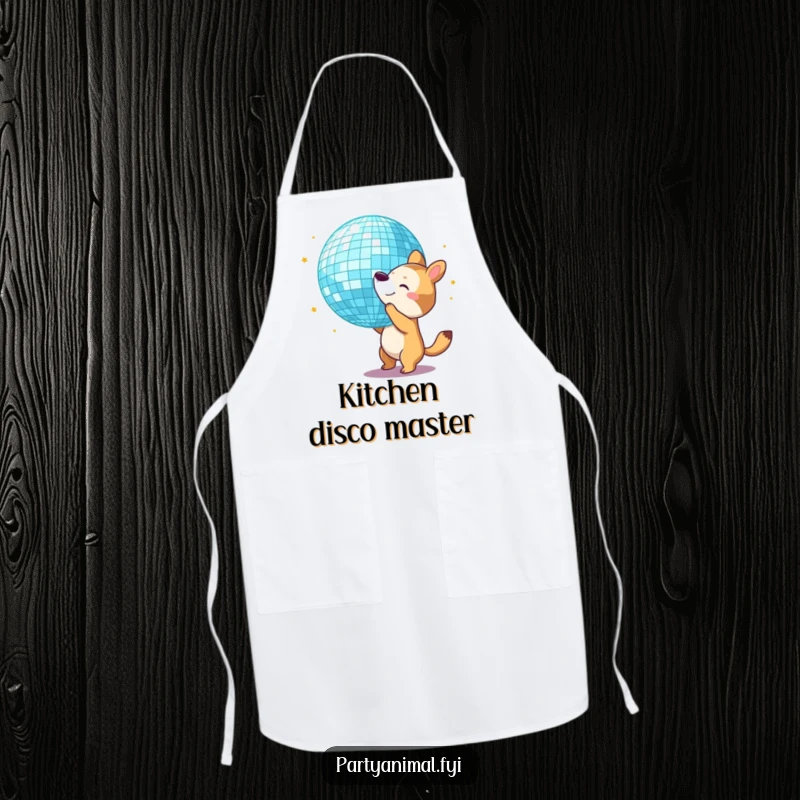 Funny Apron: An animal character bounces a giant disco ball with its nose, perfect for adding disco fun to cooking.
