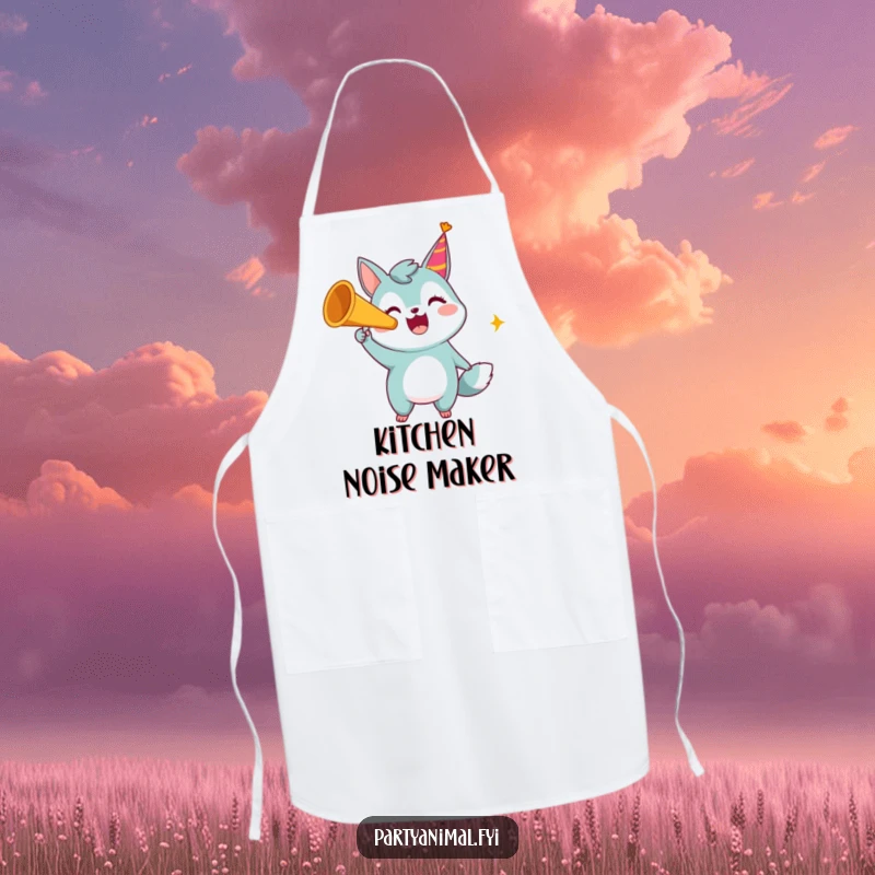 Funny apron depicting a happy animal character loudly blowing a party horn, perfect for adding humor to cooking.
