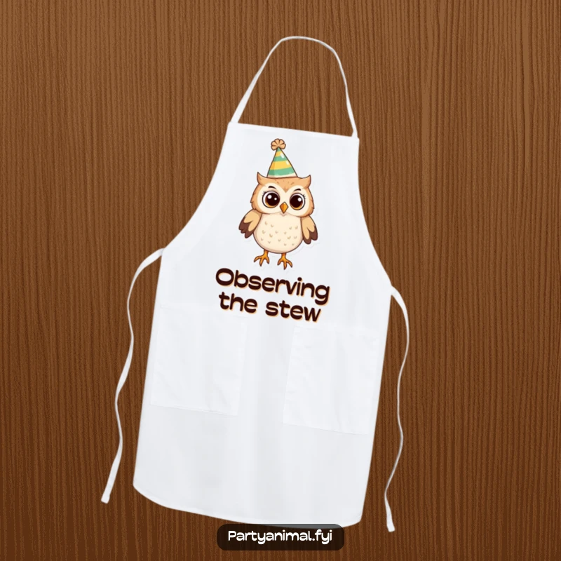 Funny Owl Apron: A curious owl wearing a funny party hat looks around, adding a whimsical and observant touch to your kitchen.