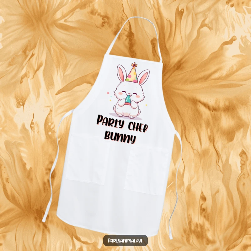 Funny apron featuring a fluffy bunny in a party hat, gleefully blowing a noisemaker, perfect for adding humor to cooking.