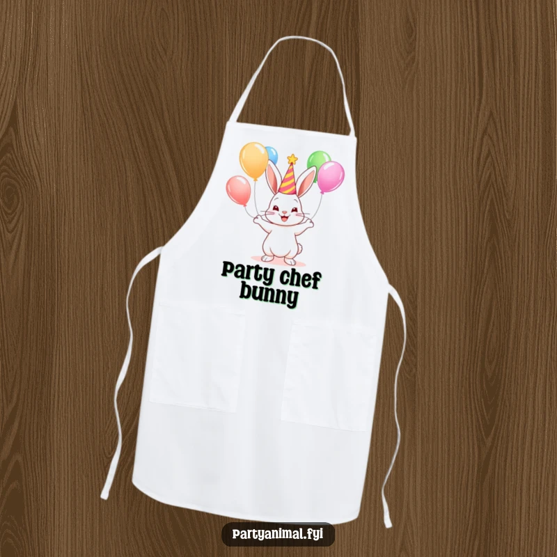 Cute bunny wearing a party hat juggles colorful balloons while wearing a fun and functional kitchen apron.