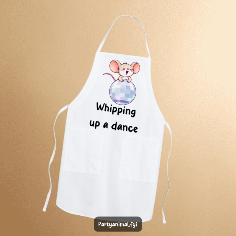 Funny apron showing a tiny, overjoyed mouse character riding a disco ball, ready to add sparkle to cooking.