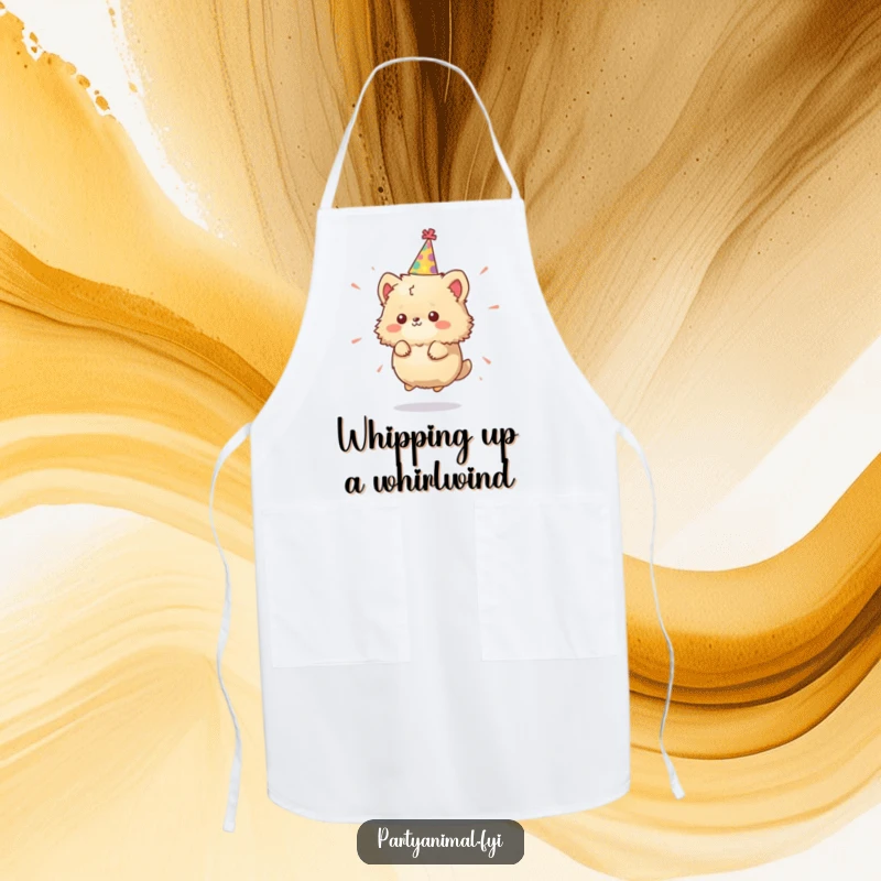 Funny Apron: A tiny, fluffy animal character in a party hat spins joyfully, bringing a sense of fun to any task.