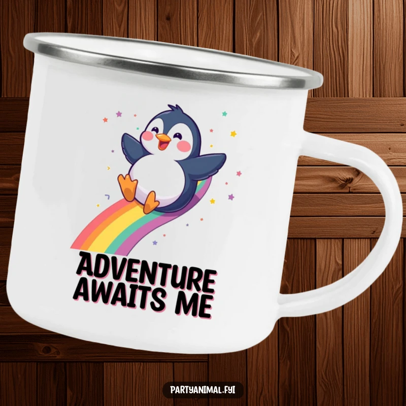 Funny gleeful penguin sliding down a rainbow with a confetti trail on a camping mug, ideal for outdoor adventures and adding cheer, a funny gift.
