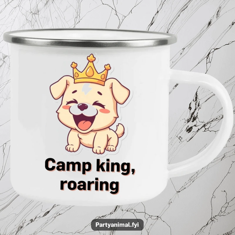 Funny camping mug featuring a playful puppy wearing a crown, roaring with laughter, perfect for regal sips during outdoor adventures.