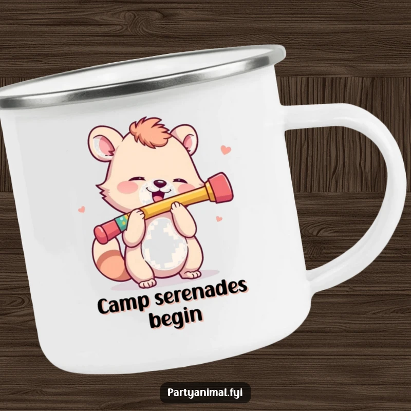 Funny Camping Mug: An animal character enthusiastically plays a tiny, colorful kazoo, ready for outdoor music.