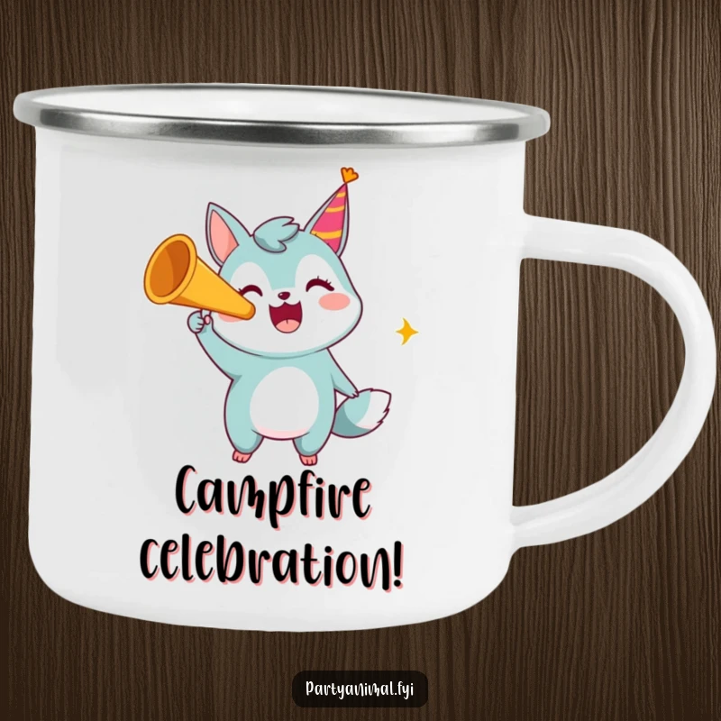 Funny camping mug with a happy animal character blowing a party horn, bringing loud celebration to outdoor adventures.