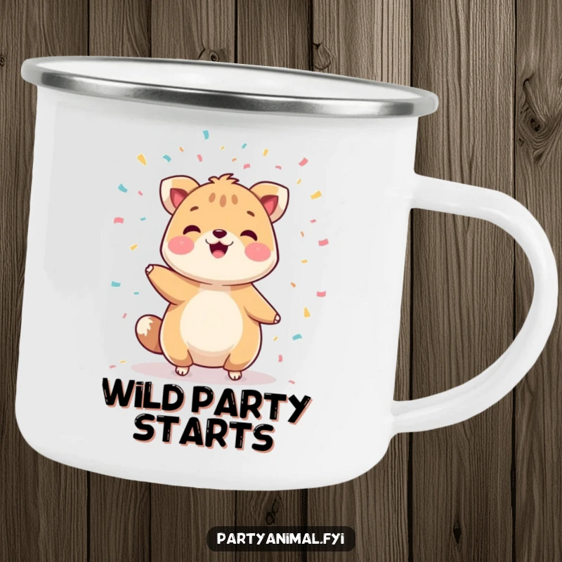 Funny camping mug featuring a cheerful animal character juggling colorful confetti, ideal for outdoor enthusiasts seeking humor.