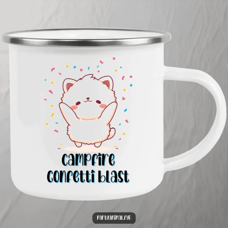 Durable funny camping mug with a fluffy animal character joyfully throwing confetti, perfect for celebrating adventures in the wild.