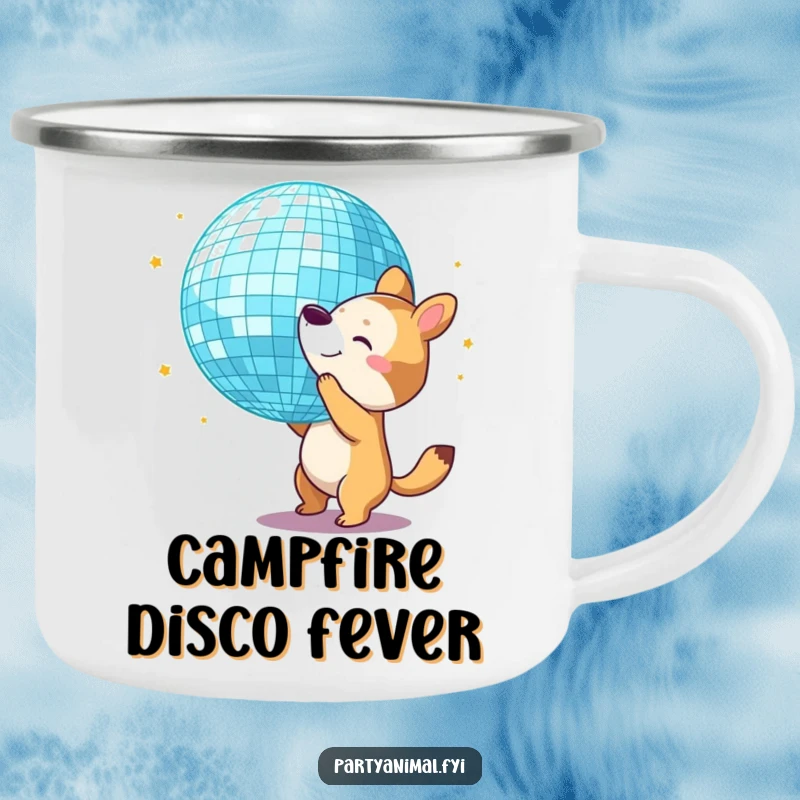 Funny Camping Mug: An animal character bounces a disco ball with its nose, ready for outdoor parties.