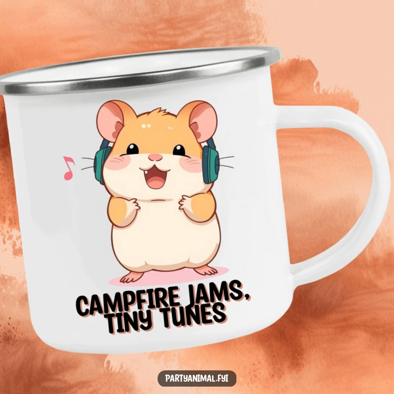 Funny Camping Mug showcasing a happy hamster wearing headphones, ready to enjoy music outdoors, combining durability with a fun, musical theme.