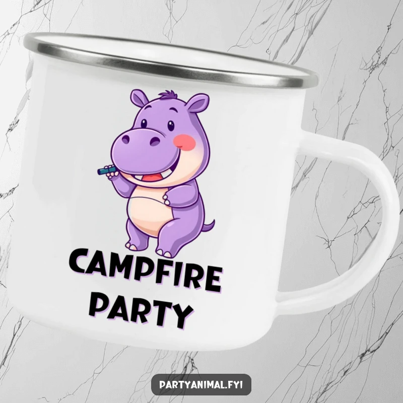 Funny Camping Mug of a purple hippo character happily twirling a noisemaker with a wide smile, perfect for outdoor celebrations.