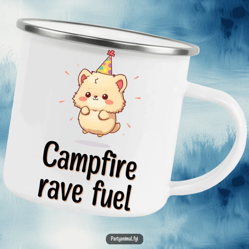 Funny Camping Mug: A tiny, fluffy animal character in a party hat spins wildly, ready for any adventure.